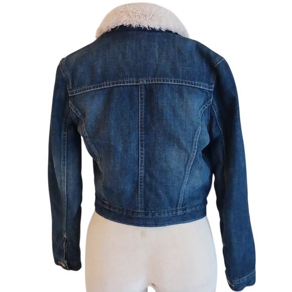 LEVI'S Denim Jacket Sherpa Woman's Sz XS Blue Short Cropped Fleece Jean Western - Picture 6 of 16